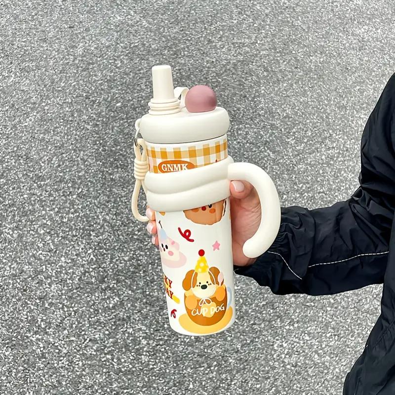 Cute Vacuum Thermos Bottle Double Wall Insulated Straw Tumbler Leakproof Tumbler with Handle Thermos for Car Camping Drinkware