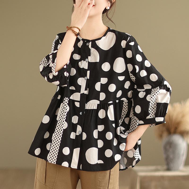 

Весна-лето, большой размер, широкая блузка Matsushita Doll, женская рубашка с круглым вырезом и рукавом 9 четвертей в горошек One Size