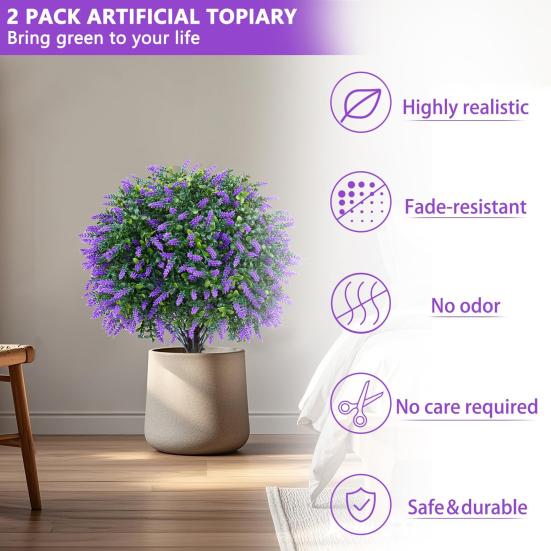 Artificial Topiary Ball with Lavender Flowers 16 Inches UV Resistant Faux