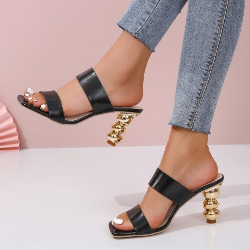 Special Heel Slippers Women's Outside Wear Summer Square Toe Open Toe One Strap Non-slip High Heels