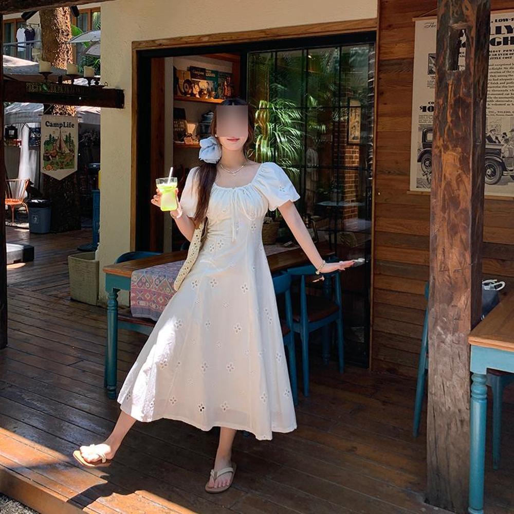 

Нежное платье с рукавами-пузырями, на бретелях, с квадратным вырезом, детское, вышитое, с полым узором, темпераментное, длинное, летнее XL- (recommended 110-60kg)