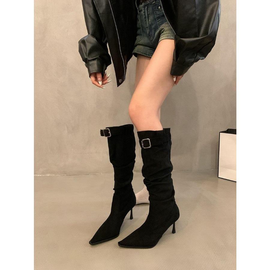 

Сапоги до колена из искусственной замши с плиссе, женские модные ковбойские сапоги с пряжкой, заостренные, с застежкой-молнией, женские, на тонком каблуке, длинные, Botas Mujer 39