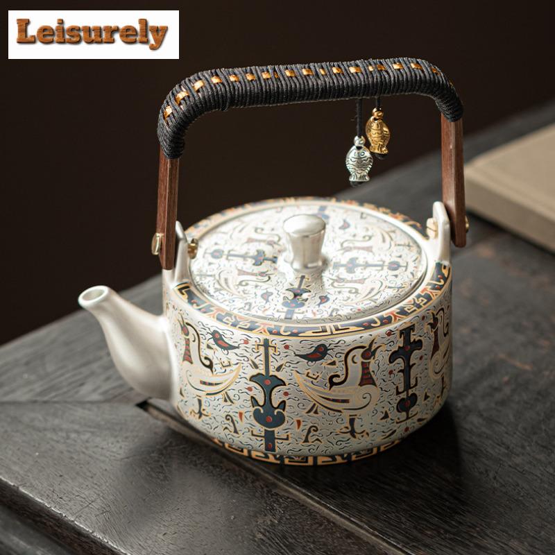 320ml Gilt Silver Dunhuang Bird Of Destiny Lifting Handle Teapot Zen Tea Infuser Pot Tea Soaking Kettle With Strainer Tea Set
