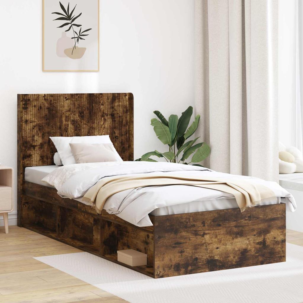Bed Frame with Storage Space and Headboard Smoked Oak
