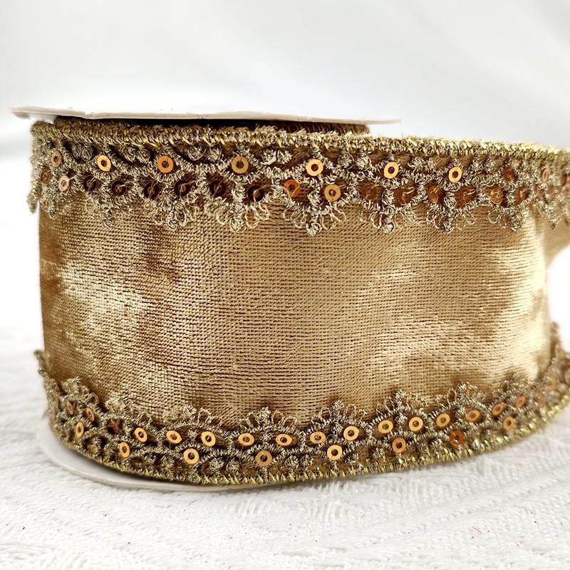Maßgeschneidertes kabelgebundenes Weihnachts-Samtband mit exquisiter goldener Kante, metallisches Samtband zur Dekoration