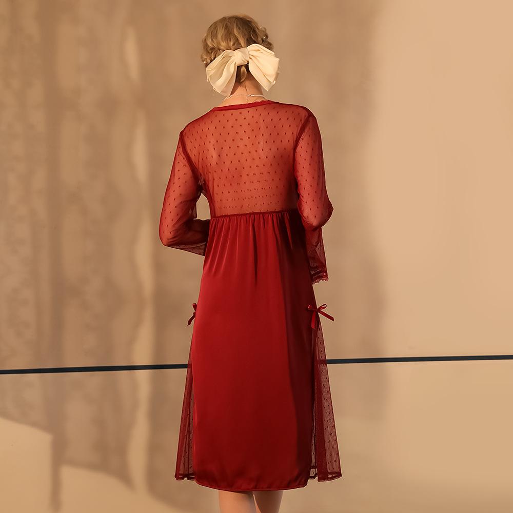 Fairy Style Semi-Sheer Backless Nightgown Ice Silk Mesh Polka Dot Slim Fit Long Cami Loungewear 535 Dreamy Lightweight Sleepwear for Summer Nights