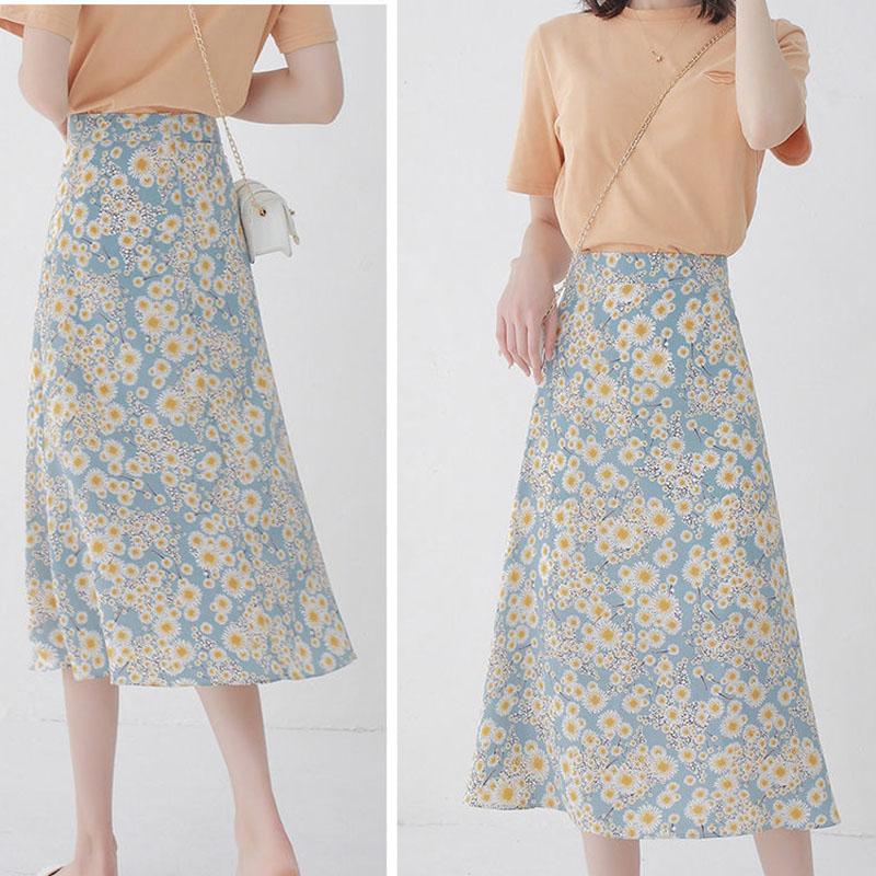 Floral Aline Skirt Womens Skirt High Waist Chiffon Print Midi Skirt Small Daisy Flower Skirt