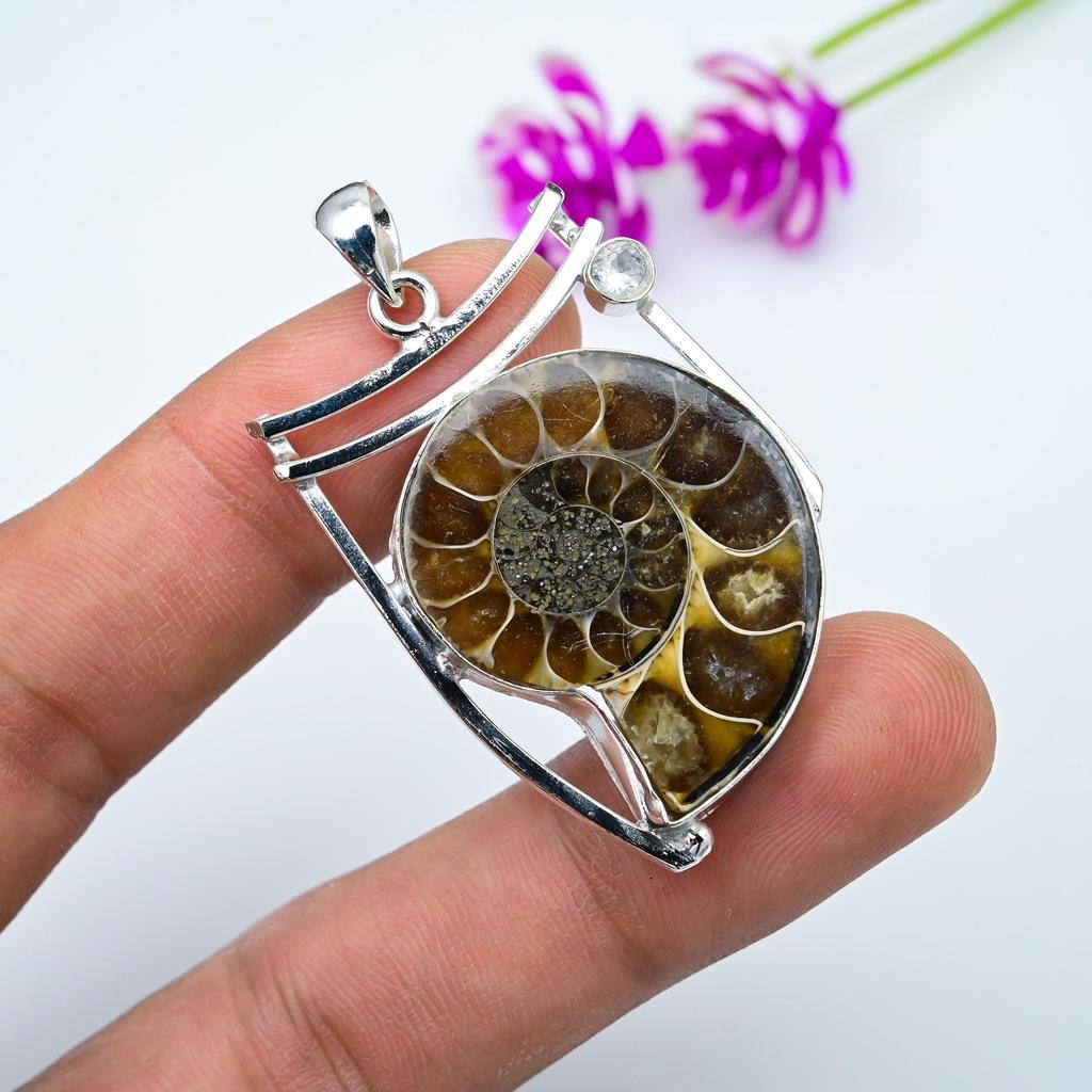 Ammonite Fossil, White Topaz 925 Solid Sterling Silver Pendant, Handmade Gemstone Jewelry Pendant For Memorial Day