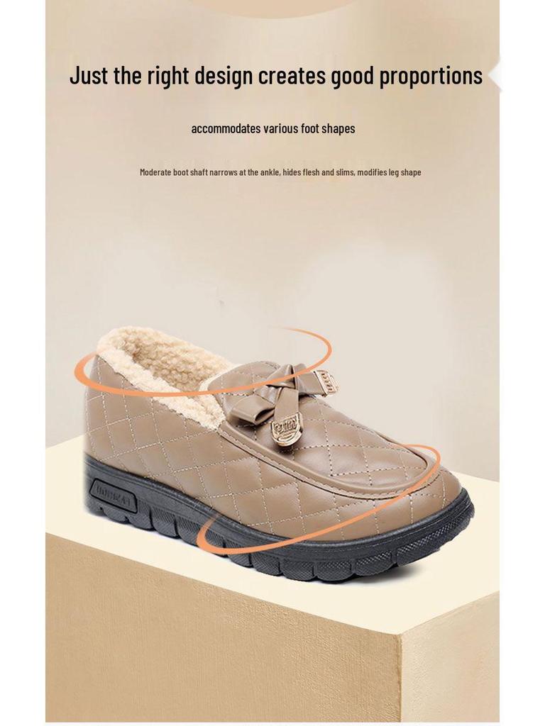 Women's Winter Non-Slip Velvet-Lined Leather Bean Cotton Shoes - Soft Sole, Waterproof, Warm, for Walking