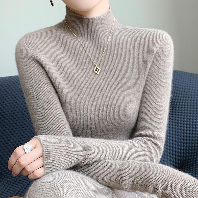 Women's Slim Fit Solid Color Knit Pullover Sweater – Autumn/Winter Long Sleeve Half-High Neck Base Layer