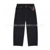 Mens Retro Embroidered Straight Leg Denim Pants Hip Hop Style Casual Wide Trousers