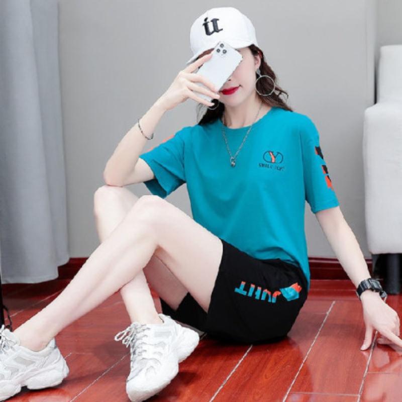 

Лето и корейская женская мода Спортивная одежда Новый повседневный костюм Женский большой размер Футболка с коротким рукавом и шорты Комплект из двух предметов XL синий