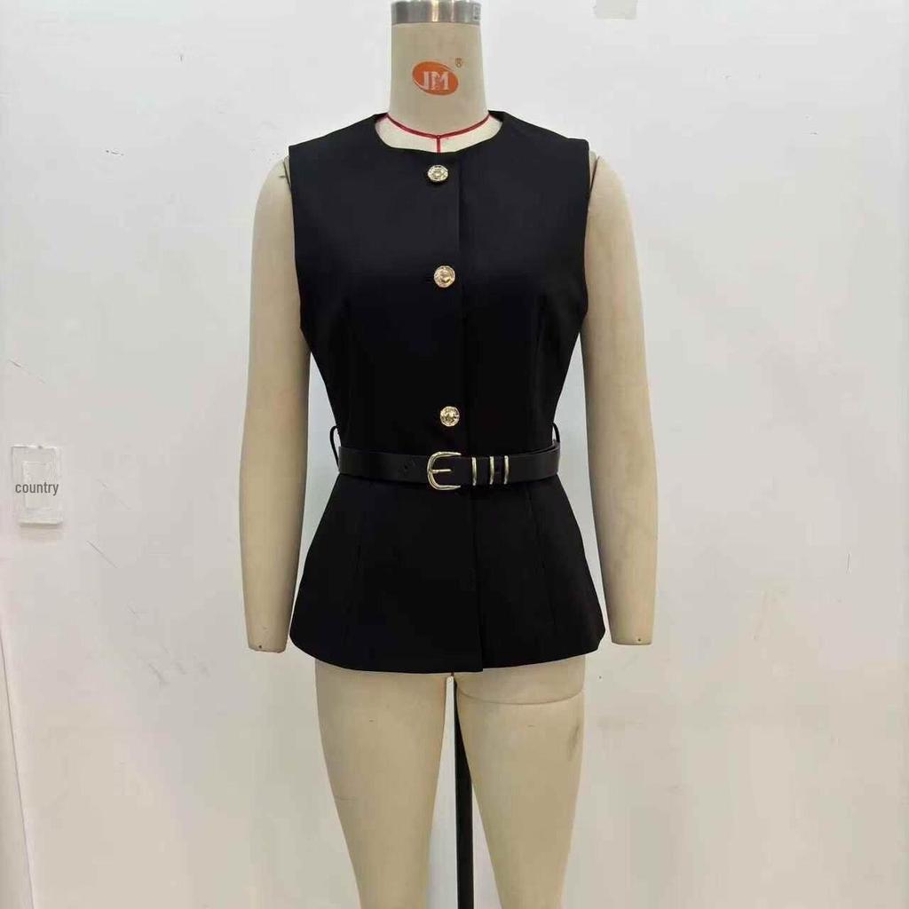 Women's French Commuter Sleeveless Belted Vest - Style 9300525