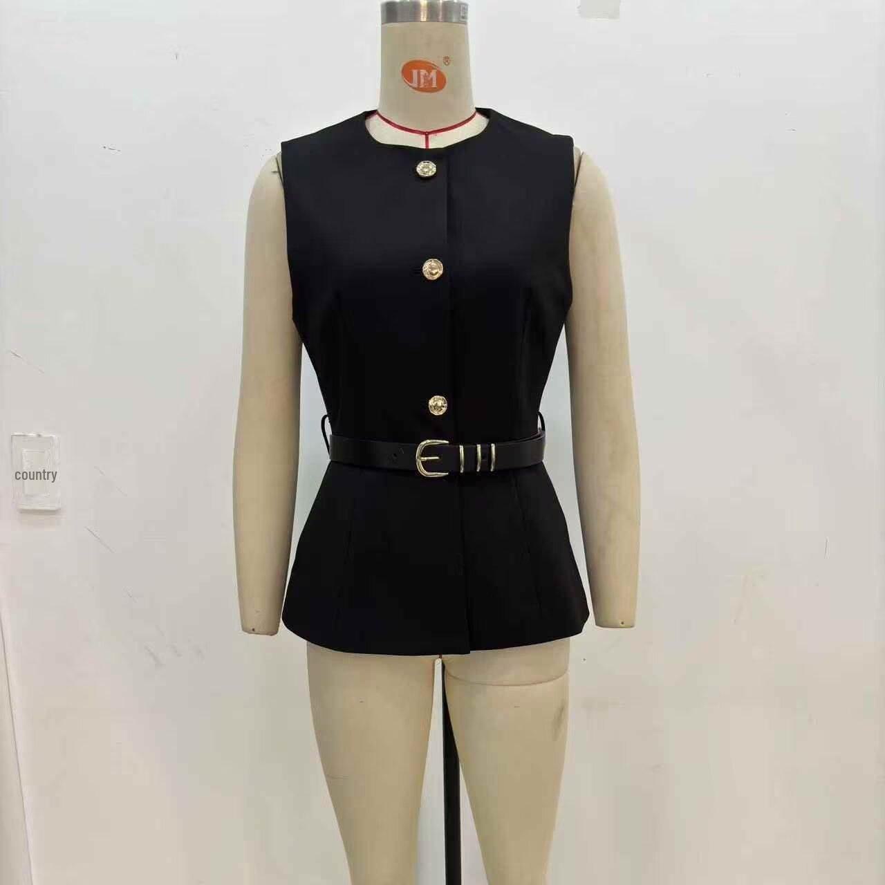 

Женский жилет без рукавов с поясом в французском стиле - Модель 9300525 L чёрный