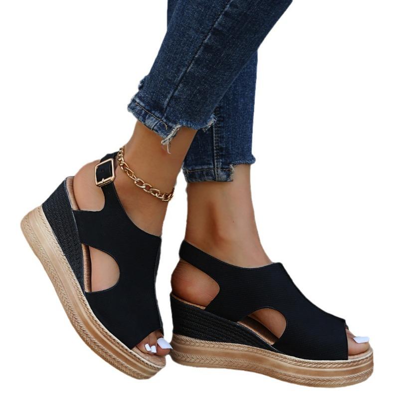 Summer Fish-mouth Shoes Wedge Heels Open-toe Buckle Shoes High-heeled Sandals