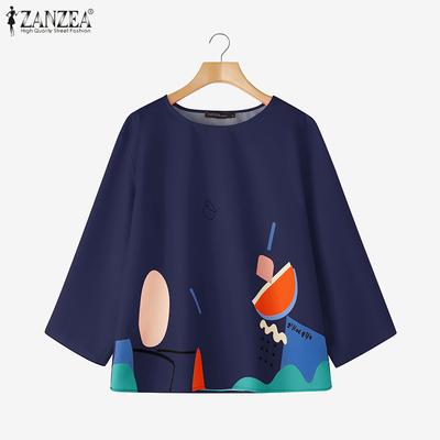 Blusa Feminina Casual de Gola Redonda Solta Manga 3/4 Estampada