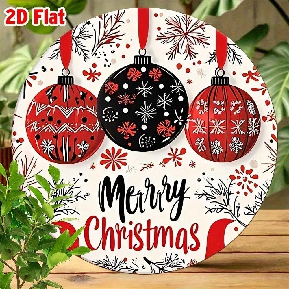 2D Metal Christmas Ball Ornament, 3.15 Inch Iron Wall Decor, Snowflake Design with Merry Christmas Lettering