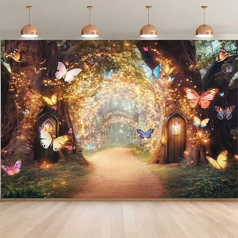 2D Glowing Forest Tapestry, Magical Tree Path with Butterflies & Lights Background Cloth
