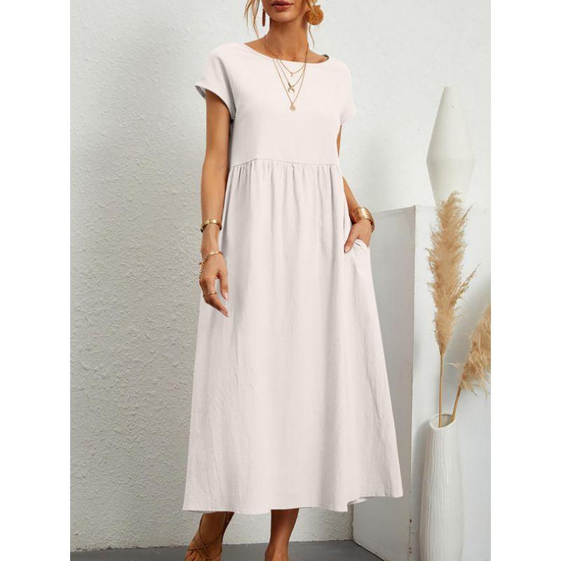 Short-Sleeve Pocket Women's Dress Short Sleeve Loose Pockets round Neck Pleating Dress