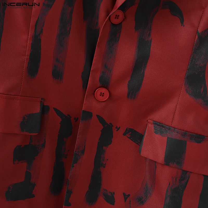 INCERUN Oversized Spring Men Lapel Neck Long Sleeve Print Button Thin Blazer Coats