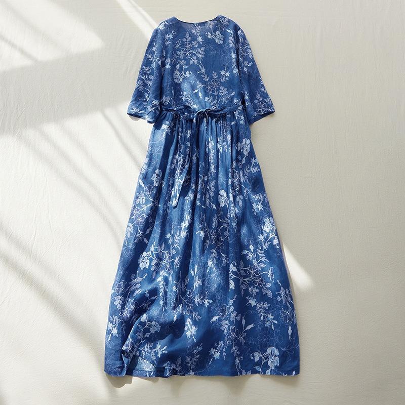 Real Shot Summer New V-neck Dress Printed Over The Knee Loose Retro Blue Flower Skirt Women's Clothing