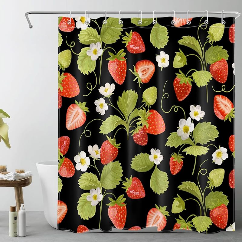 Red Strawberry Shower Curtain for Bathroom Nature Fruit and White Floral Green Leaf Plant Bathroom Shower Curtains with Hooks, Spring Country