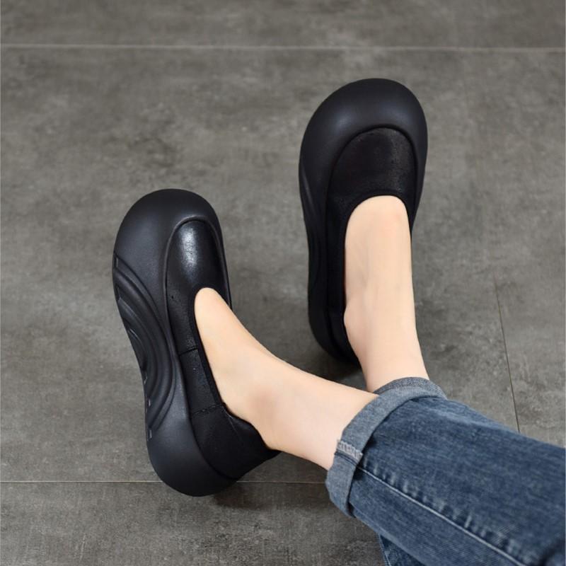 Johnature Retro-Schuhe aus echtem Leder, flache Plateauschuhe, runde Zehenpartie, dicke Sohle, lässige Damen-Schlupfschuhe