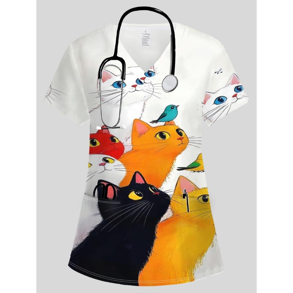 Surgical Uniforms Woman Elegant Fashion Womens Print V-Neck Short Sleeve Nursing Summer Comfortable Vet Clinical Uniforms Woman