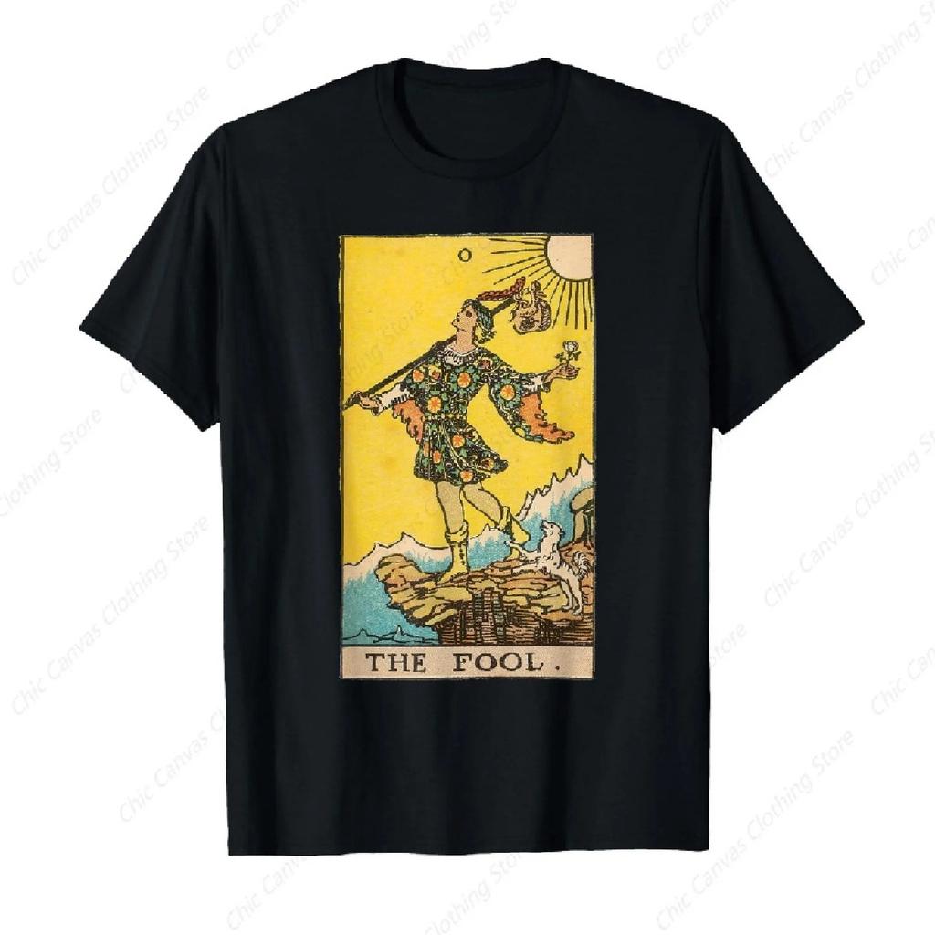 Classic Tarot Card Fool Print T-Shirt Retro Personality Black Shirt Pure Cotton Comfortable Round Neck Short Sleeved