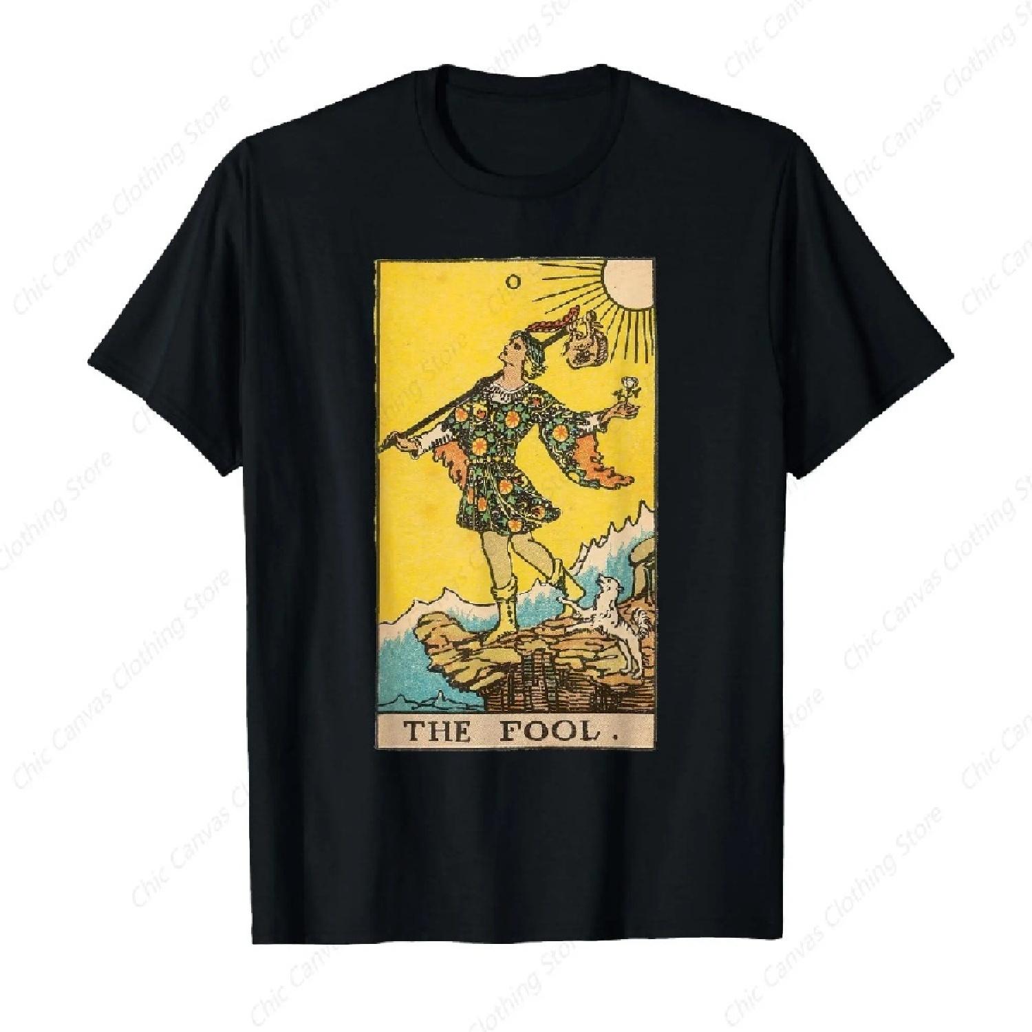 

Classic Tarot Card Fool Print T-Shirt Retro Personality Black Shirt Pure Cotton Comfortable Round Neck Short Sleeved S