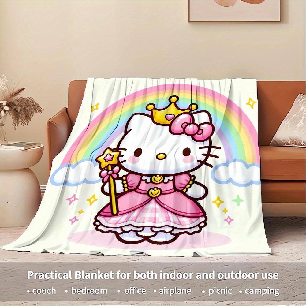For Princess, Rainbow, HelloKittyAnime-Themed Flannel Blanket, Glam Style, Digital Print, All-Season Comfort, Tear-Resistant, Knitted Crafts