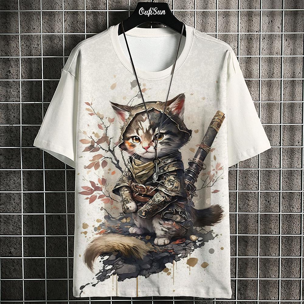 Samurai Katze T-Shirt Herren Sommer Mode Kurzarm T-Shirt Street Casual Sportbekleidung Herren Shirt