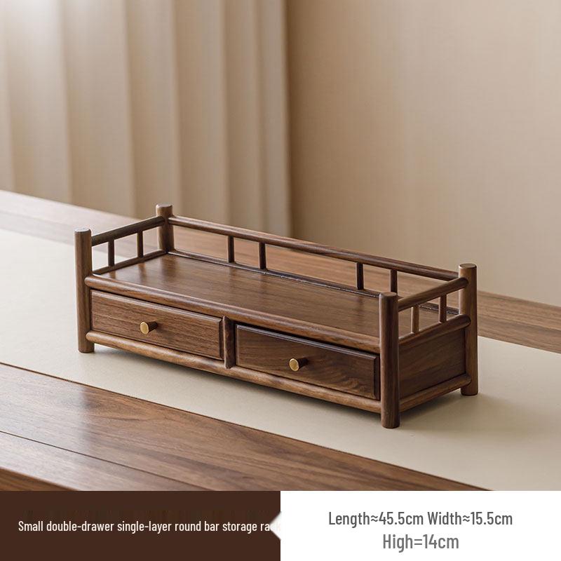 Guanlan Walnut Wood Tea Table with Double Drawer and Display Shelves for Tea Pot and Cup Storage