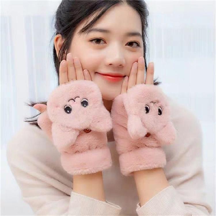 Women Winter Flip Gloves Convertible Mittens Thick Cat Plush Half Finger Gloves with Cover Flip Half Finger Gloves
