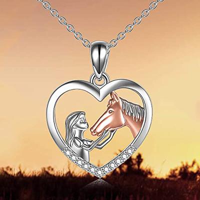 Huitan Creative Girl and Horse Friendship Necklace for Women Human Animal Love Pendant Necklaces Anniversary Gift Trendy Zircon