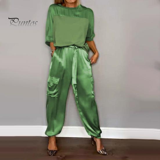 Set di 2 pantaloni da donna in raso con maniche a tre quarti in raso o collo con lacci in vita tinta unita morbido traspirante tasche casual camicetta ampia pantaloni set