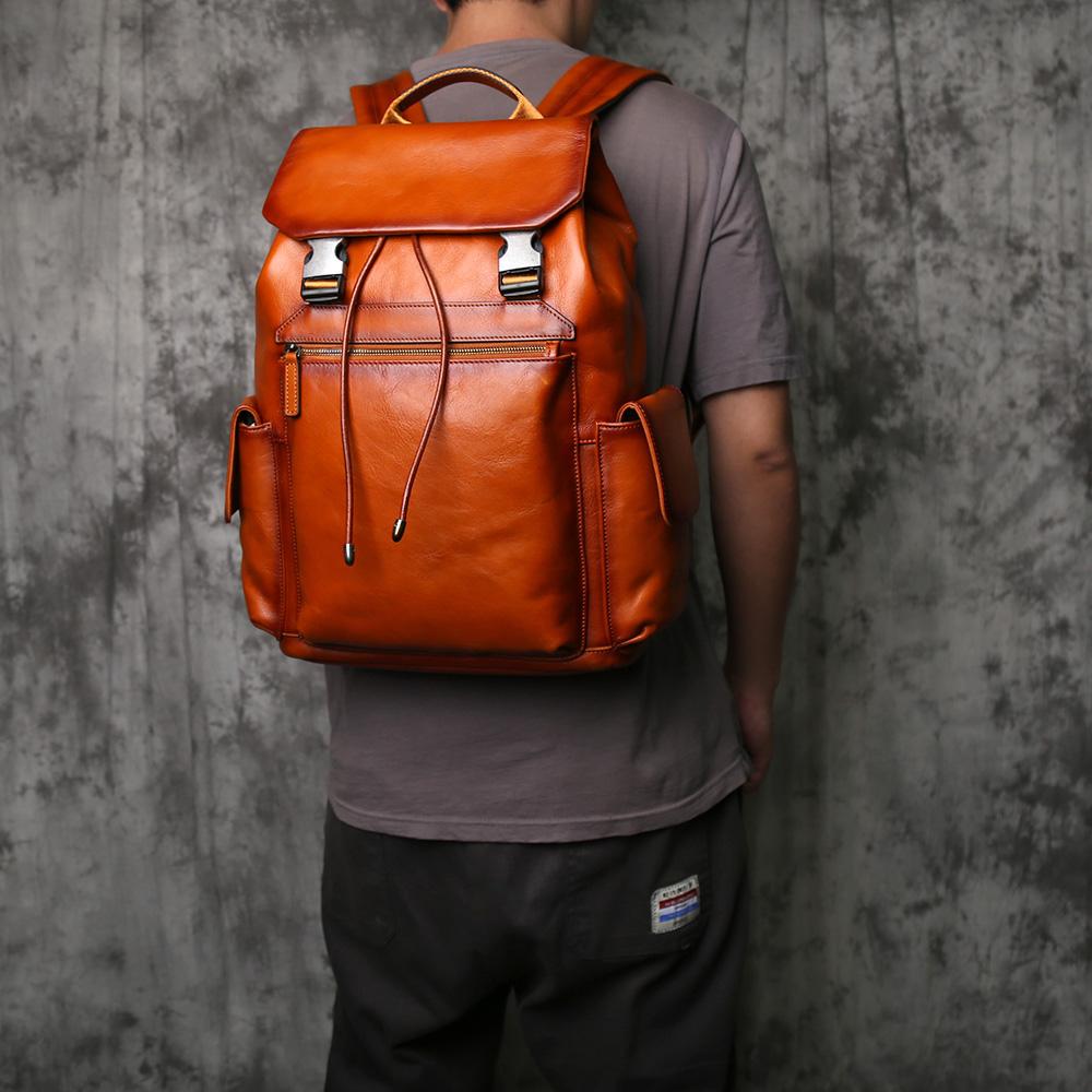 NZPJ Men's Genuine Leather Backpack Top-Grain Cowhide Flap Large Capacity Outdoor Travel Retro Casual Laptop Bag