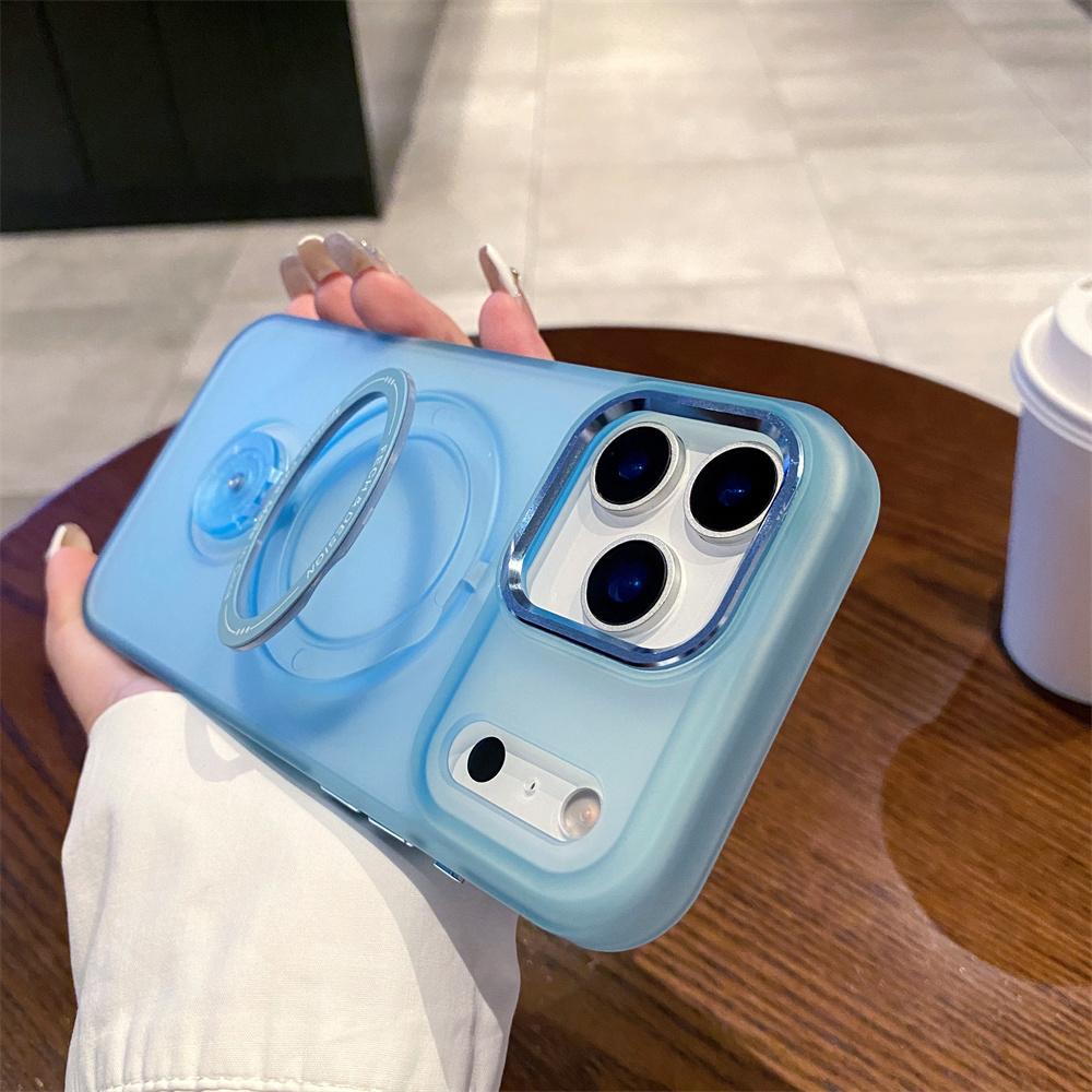 

For Magsafe Fold Bracket Rotating Stand Magnetic Phone Case For iPhone 16 17 Pro Max Solid Color Matte Frosted Translucent Cover iPhone 16 Plus