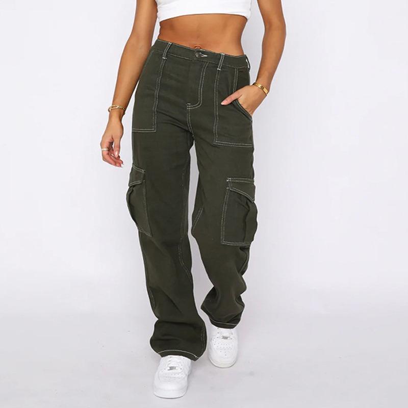 Mode Lose Frauen Cargo Jeans Hohe Taille Streetwear Taschen Breite Bein Arbeit Hosen Herbst Frühling Casual Baggy Lange Hosen Frauen Hosen 1349