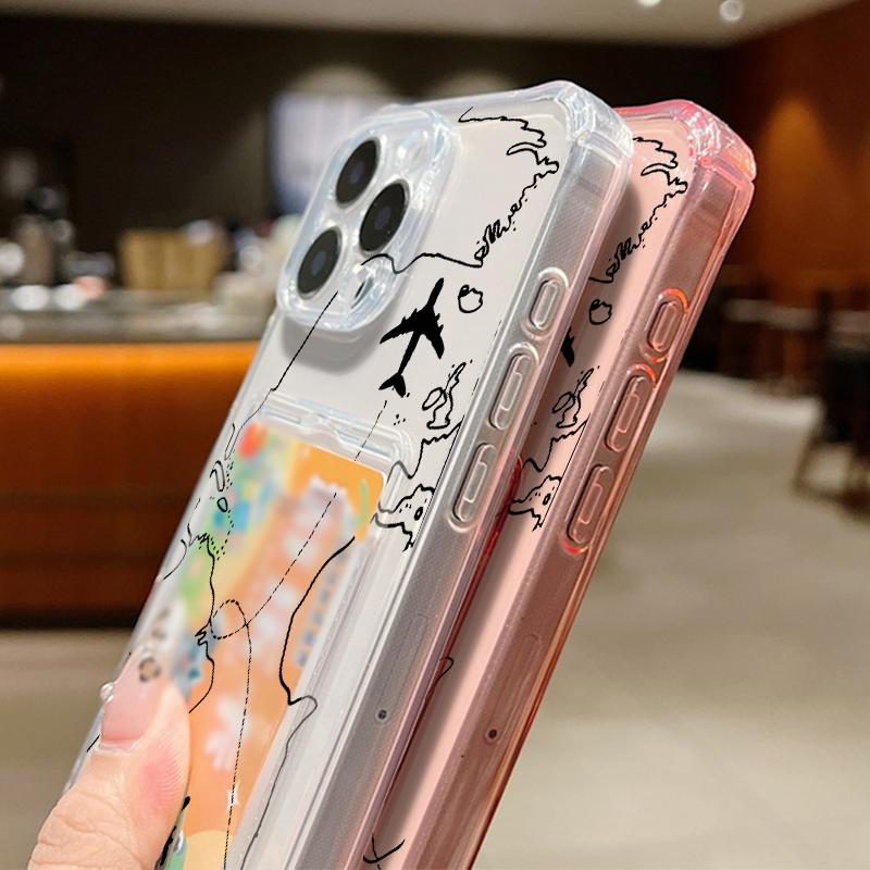 Shockproof Card Slot Silicone Soft Mobile Case For iPhone 16 Pro Max 15 Pro 14 13 12 11 Simple Aircraft Route Print Slim Clear Protection Phone Cover