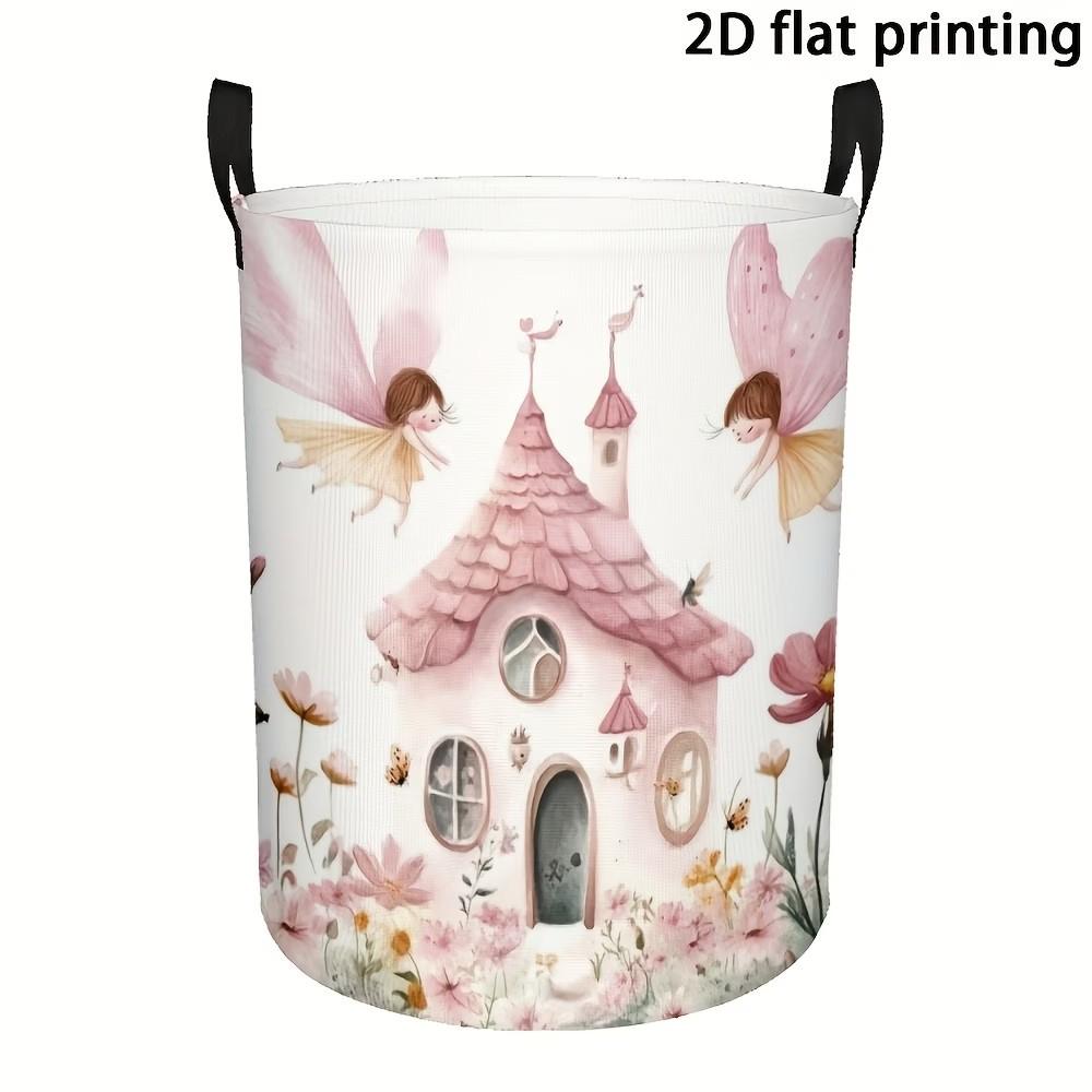 Pink Fairy Tale Castle Elf Pattern Round Washable Laundry Hamper for Girls