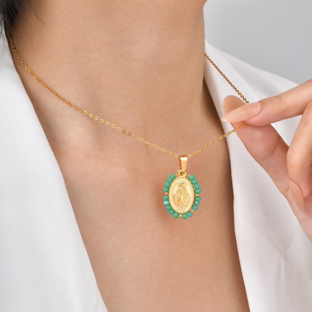 Jewelry Fashion Ladies Stainless Steel Zircon Oval Virgin Gold Pendant Necklace Pn-2158
