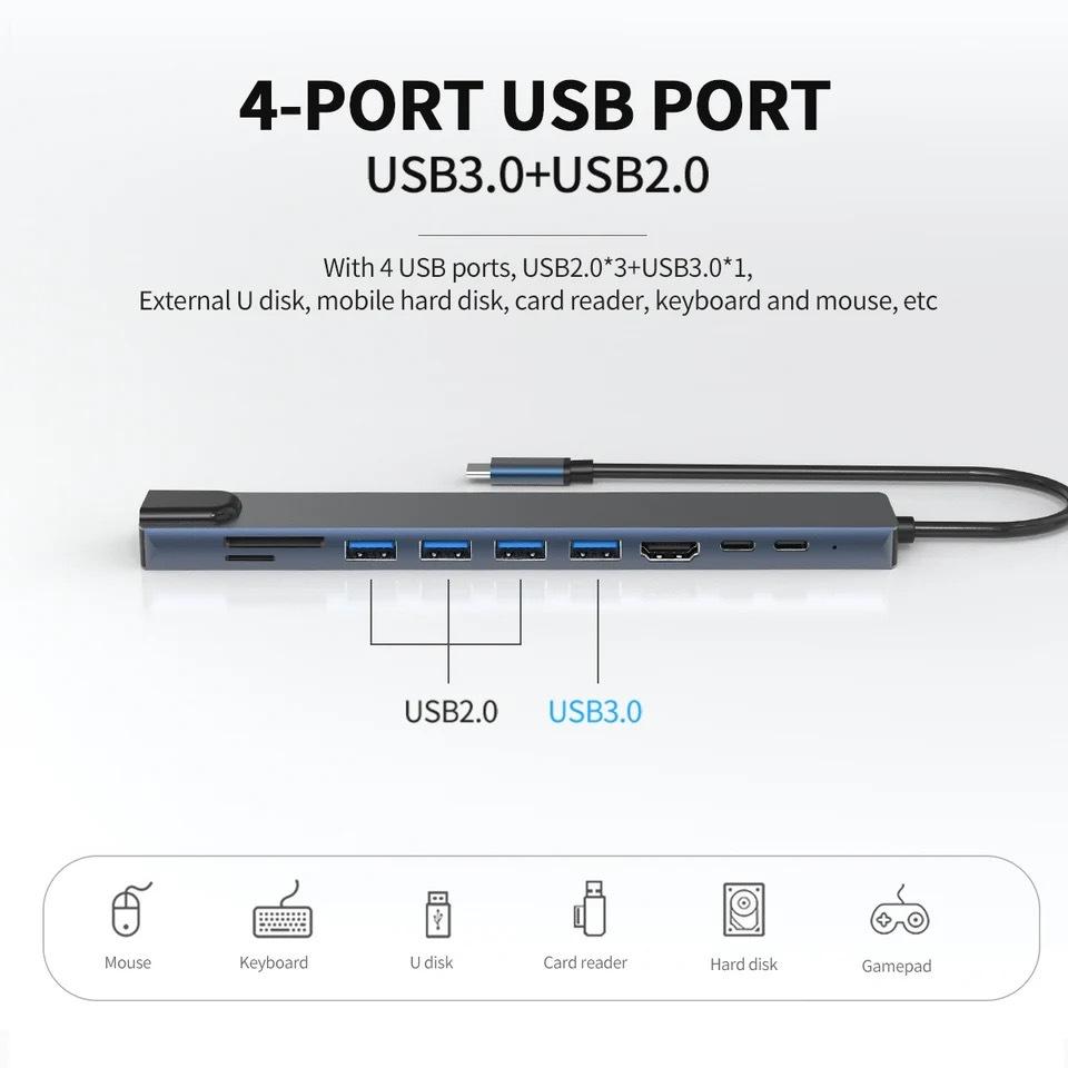 מתאם רב-תכליתי 10 ב-1 USB-C ל-HDTV עם 100M Ethernet ורכזת USB למובייל, מחשב, קונסולת משחקים