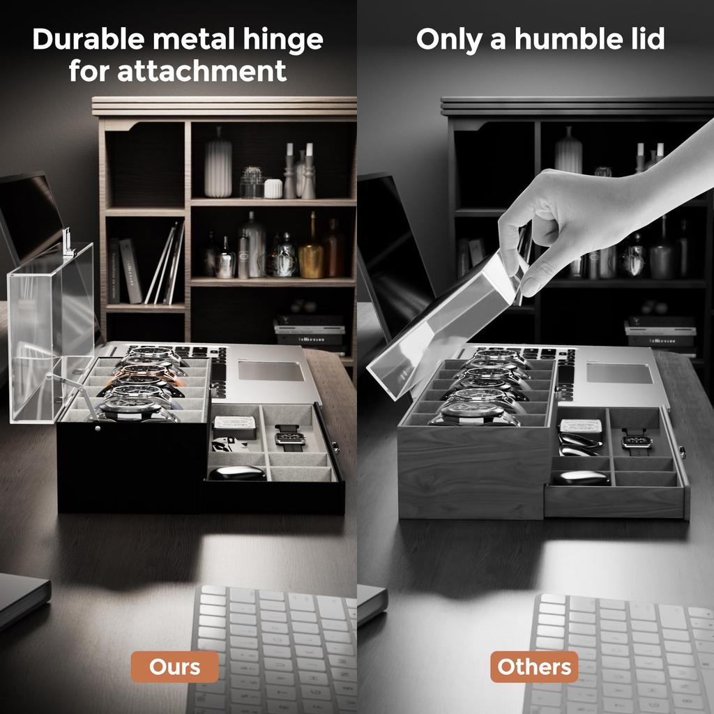 ProCase Montre Peut contenir 6 ou 10 Montre Vitrine avec Couvercle en Acrylique Transparent et Organisateur pour Montres Étui pour Homme, Montres, Tiroir à 2 Niveaux, Homme