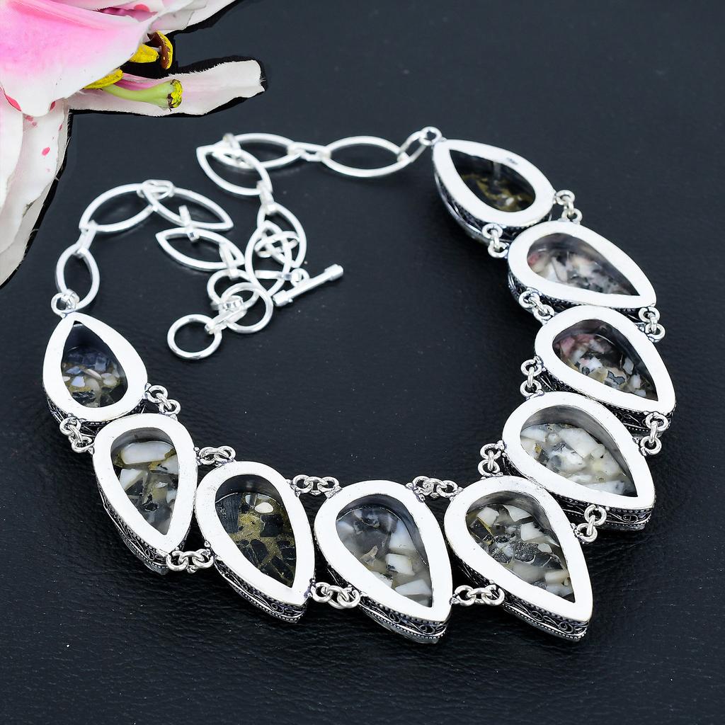 Zebra Jasper Gemstone Handmade 925 Sterling Silver Jewelry Necklace 18" KG-1637