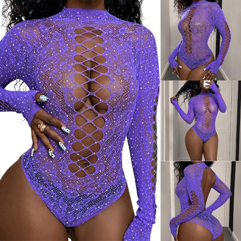 Women Rhinestones Fishnet 3/4 Sleeve Bodysuit Sparkling Mesh Cold Shoulder Lingerie Jumpsuit Top Rave Party Outfits