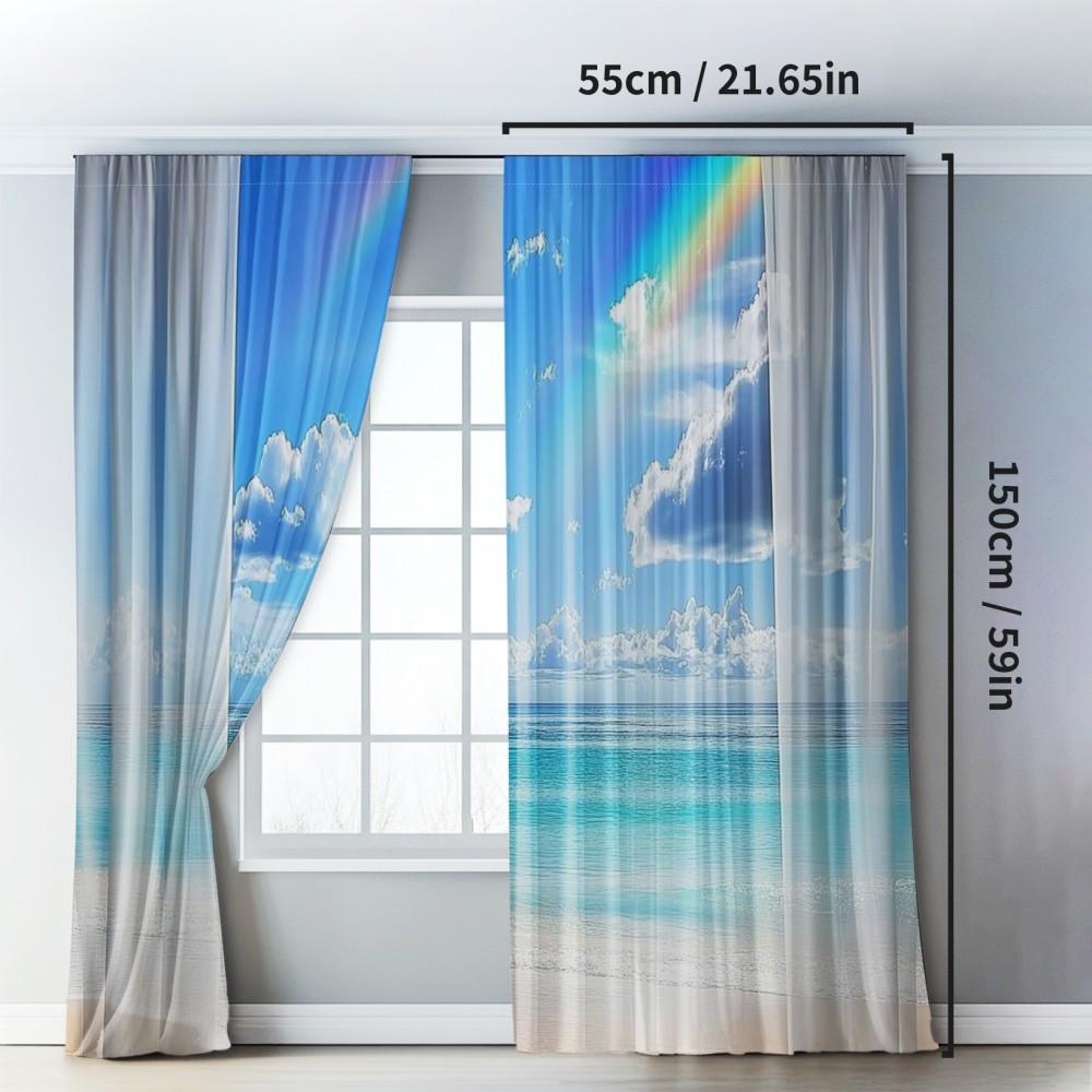 2PCS Classic Polyester Curtains – Tropical Blue Ocean & Beach Scene   Ocean-Themed for Bedroom & Living Room