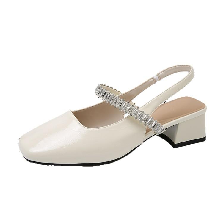 Flat Bottom Low Heel Bag Head Sandals Women's 2025 Spring and Summer New French Fashion Rhinestone Word with Shallow Mouth Square Head Single Shoes