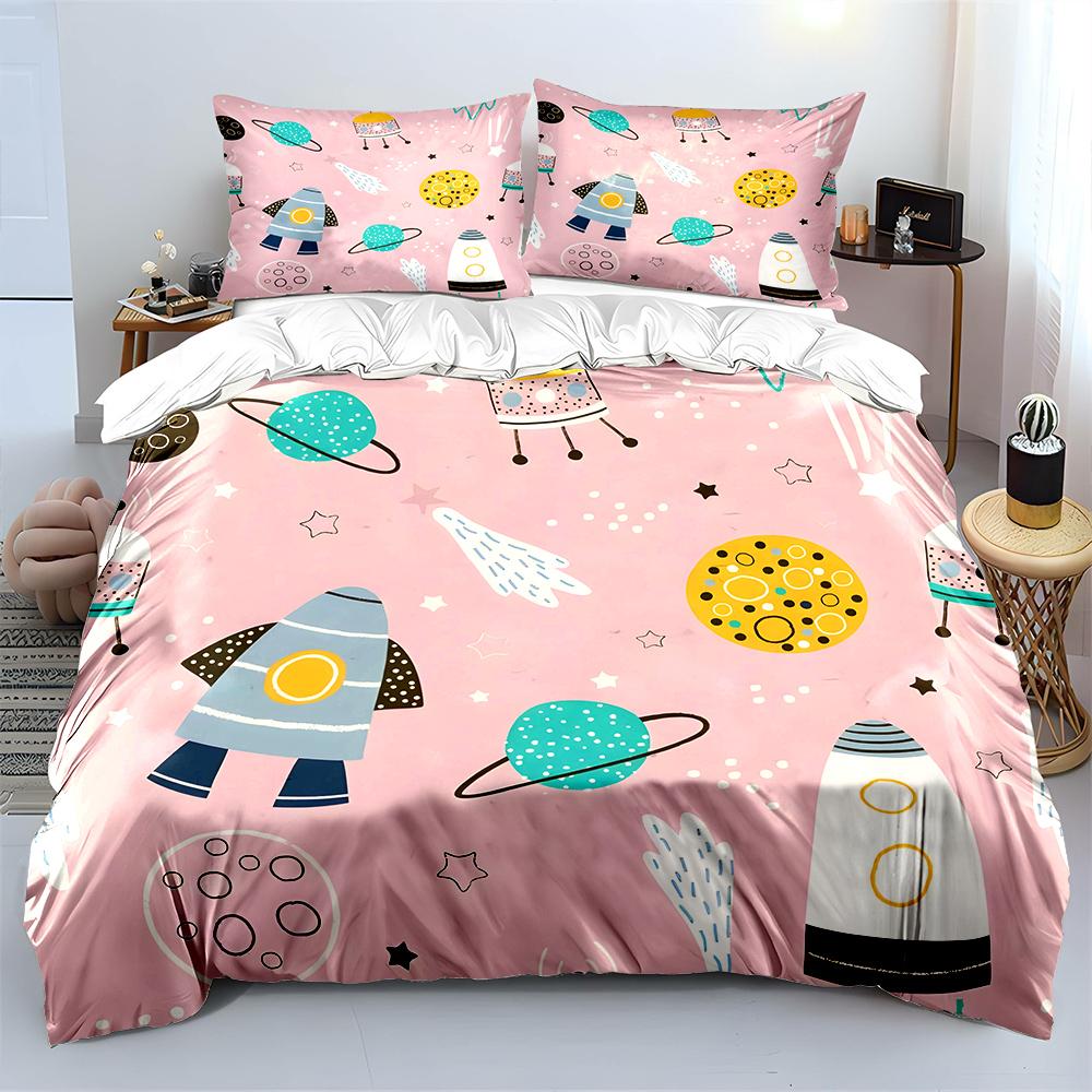 Space-themed doodles on pink background Duvet Cover Set Digital Print Polyester Bedding with Zipper Closur for kids gifts