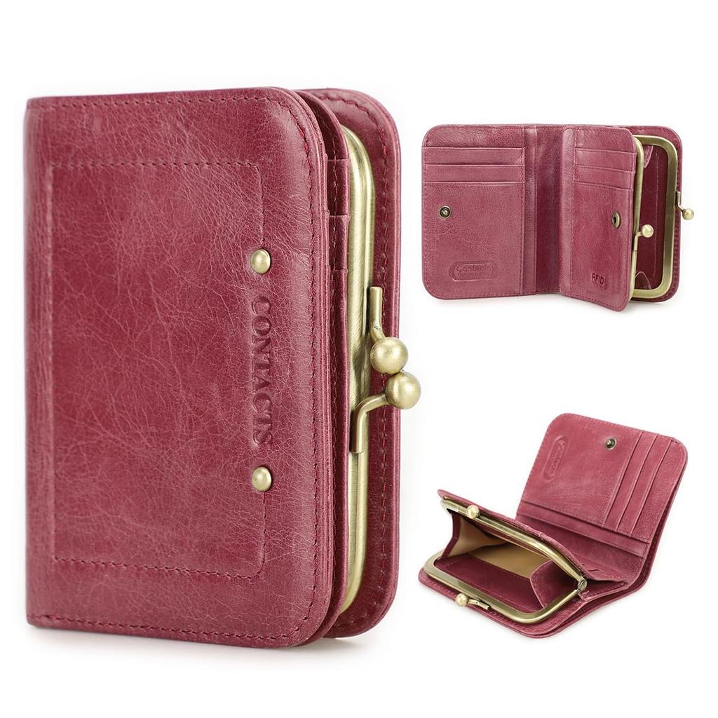 Serie Leather Wallet with RFID 9 Card Coin and Rose Pink Contact's Full-Grain Bi-fold Blocking, Slots, Pocket, Purse, Women's Wallet,